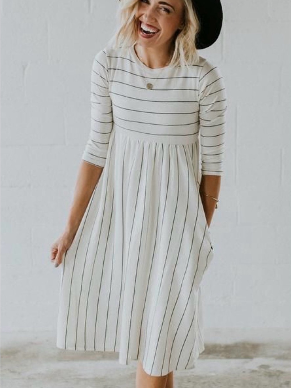 Striped White Crewneck Midi Dress